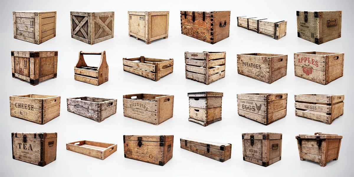 Collection of 24 weathered wooden crates, produce boxes, reinforced chests, a tool caddy and storage trays on a light background